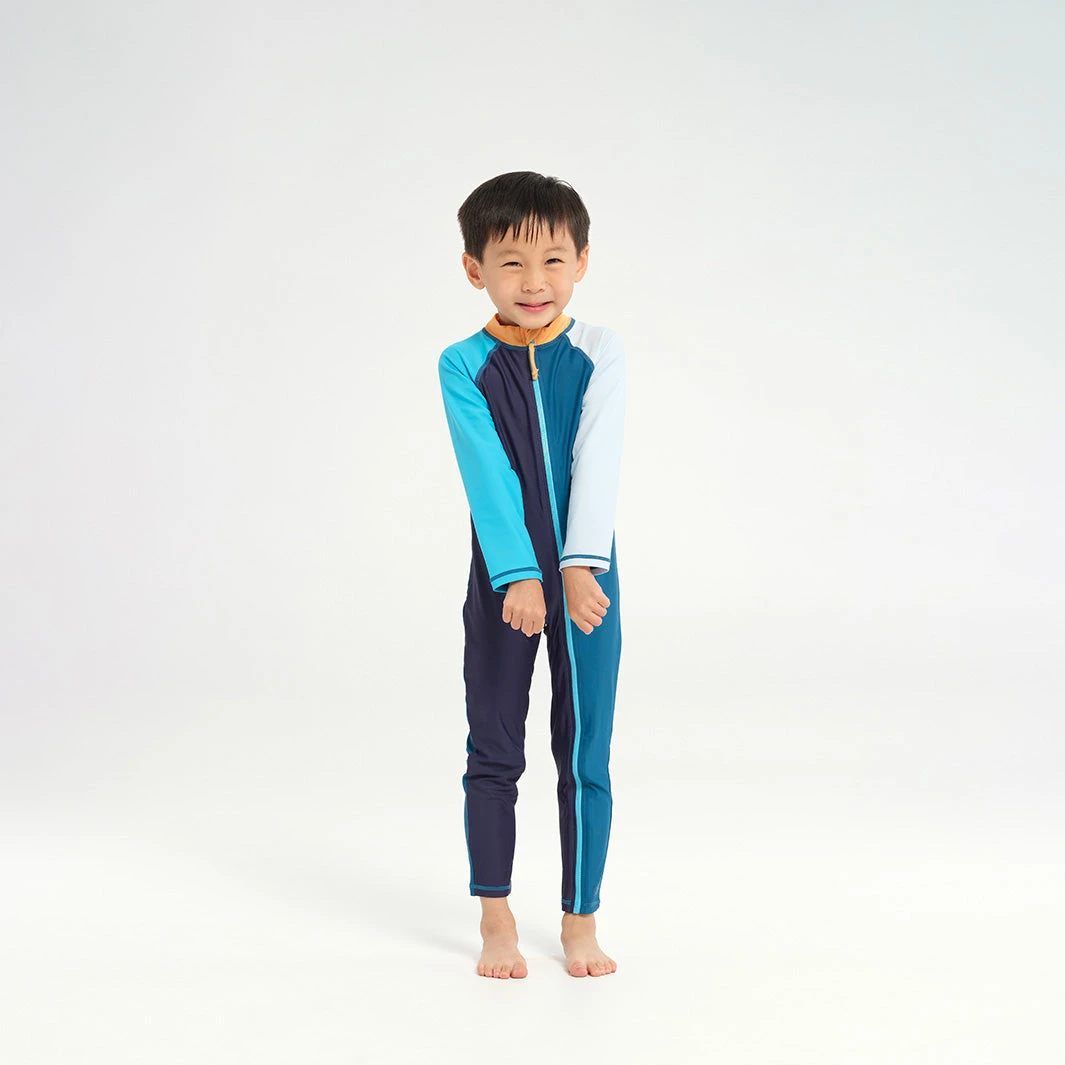 Infant Blocked LS Swim Zip Suit - Navy Apricot 3 Infant Blocked LS Swim Zip Suit - Navy Apricot - Image 3