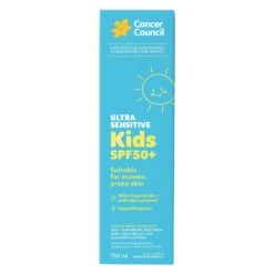 Ultra Sensitive Kids Sunscreen SPF50+ 150ml -Cancer Council Shop Kids 150mL Carton Front 3550px