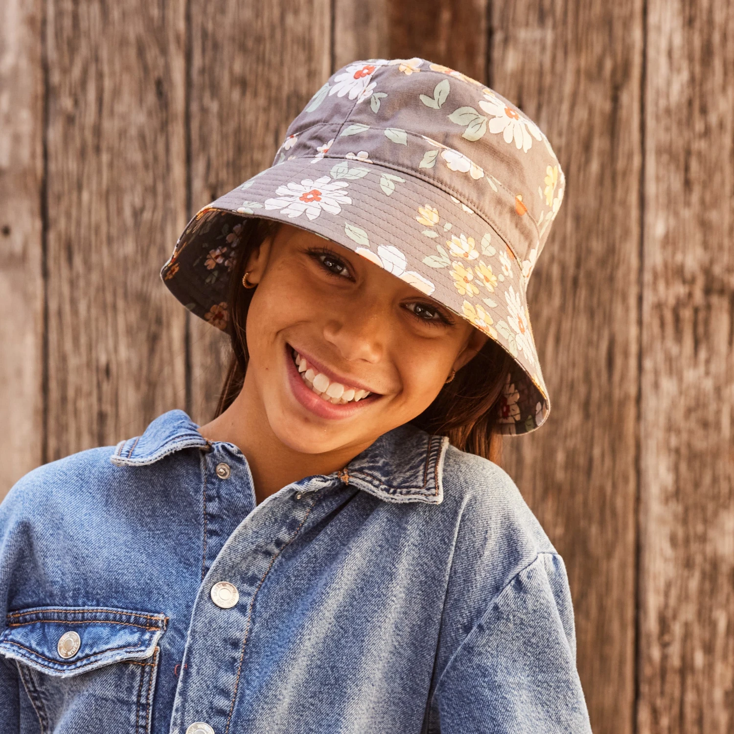 Dora Bucket Hat - Grey Flowers 2 Dora Bucket Hat - Grey Flowers - Image 2